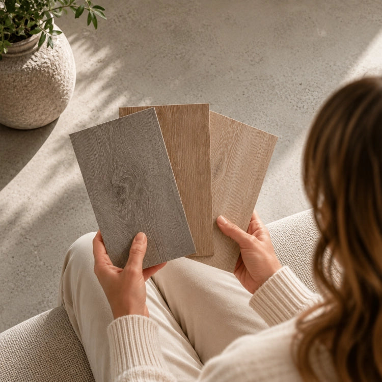 Mevrouw vergelijkt drie laminaat vloerstalen in licht eiken, naturel eiken en grijs eiken decor.