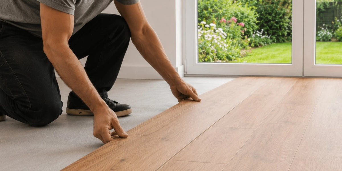 Man legt laminaat vloerplanken in een lichte woonkamer met tuindeuren op de achtergrond.