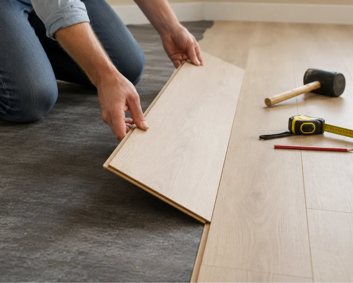 Persoon die een laminaat plank aan het leggen is